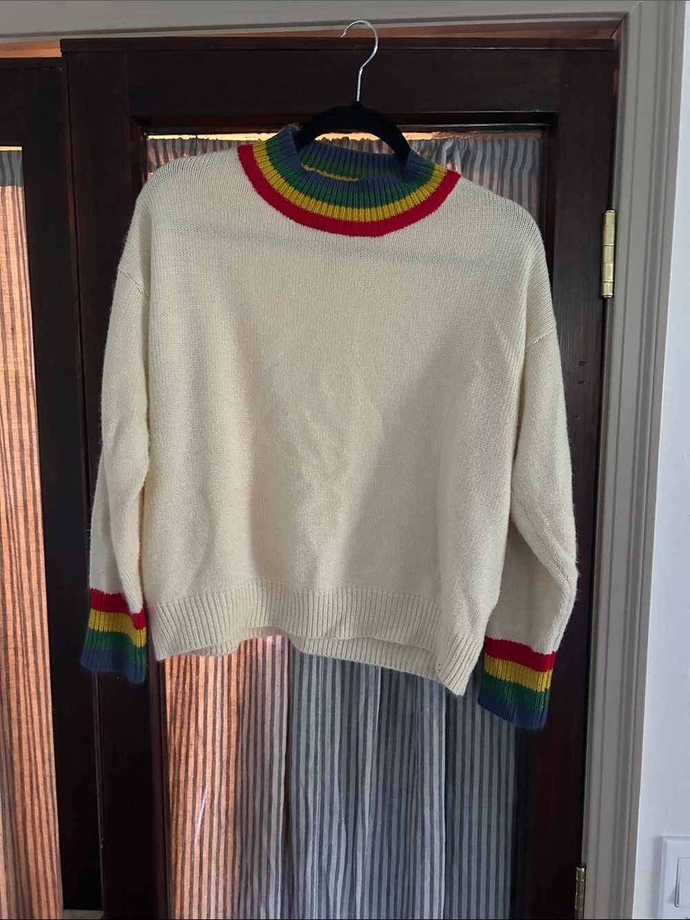 Cream Crewneck Sweater with Rainbow Trim - Women